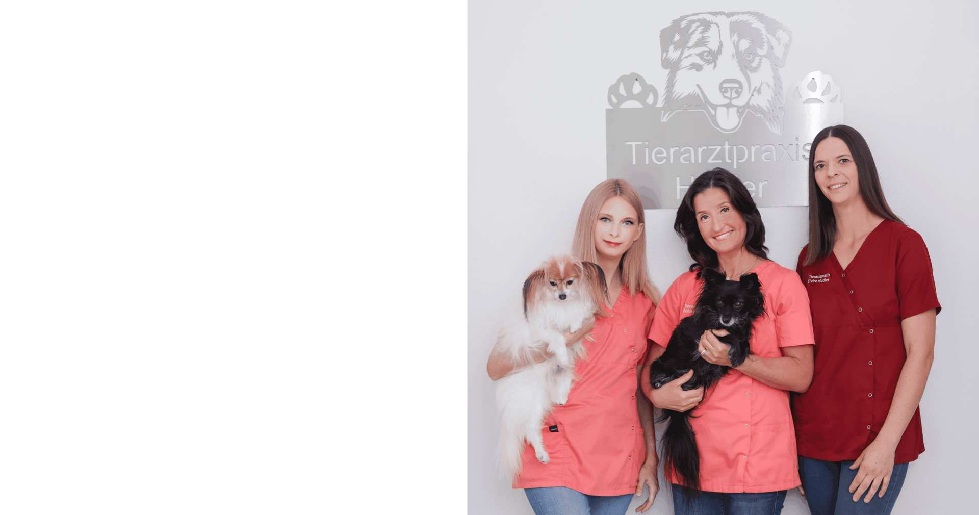 Team der Kleintierpraxis | Elvire Hudler - drei Mitarbeiterinnen in Kasacks halten zwei kleine Hunde